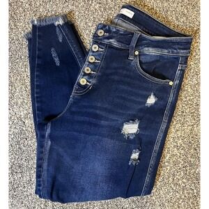 KanCan Jeans Womens 14 Blue High Rise Button Fly Distressed Skinny Raw Hem